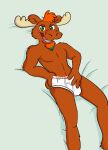  anthro antlers bed briefs briefs_only brown_body brown_fur capreoline cervid clothed clothing facial_hair fur furniture goatee green_hair hair hand_in_underwear hand_on_crotch hi_res horn male mammal moose navel open_mouth orange_hair paxton seductive smallfryspy smile solo text tighty_whities underwear underwear_only white_briefs white_clothing white_underwear 
