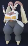  3d_(artwork) anthro big_breasts big_butt blender_(software) breasts butt cleavage clothed clothing coat darkdraketom digital_media_(artwork) eyewear female goggles hi_res huge_butt lab_coat lopunny nintendo pok&eacute;mon pok&eacute;mon_(species) red_eyes safety_goggles simple_background solo tablet text text_on_clothing thick_thighs thinking topwear video_games 
