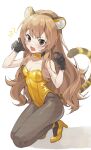  1girl absurdres aisaka_taiga animal_ear_fluff animal_ears bangs black_gloves blush bow brown_eyes brown_hair choker claw_pose commentary fang gloves hands_up high_heels highres hoshiko_(419401x) leotard long_hair open_mouth solo tail tiger_ears tiger_tail toradora! yellow_bow yellow_footwear yellow_leotard 