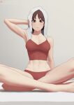  1girl arm_support arm_up armpits barefoot breasts brown_eyes brown_hair camisole collarbone drying drying_hair headband indian_style kasugano_sakura looking_at_viewer medium_breasts midriff navel panties putcher red_camisole red_panties sitting solo street_fighter toned towel towel_on_head underwear 