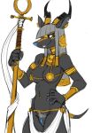  2022 antelope anthro anubian_jackal black_body blue_nails blue_pussy bovid breasts canid canine canis cleavage clothed clothing colored_nails colored_sketch egyptian female genitals grey_hair grin guoh hair hand_on_hip horn hybrid jackal jewelry mammal nails navel navel_piercing partially_clothed piercing portrait pubes pussy simple_background sketch smile solo three-quarter_portrait white_background 