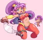  2022 bandanna blue_eyes breasts clothing ear_piercing ear_ring female genie gun hair handgun holding_object holding_sword holding_weapon holster humanoid humanoid_pointy_ears ioh kerchief long_hair melee_weapon navel not_furry open_mouth open_smile piercing ponytail purple_hair ranged_weapon shantae shantae_(series) simple_background smile solo sword topwear vest video_games wayforward weapon 