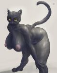  absurd_res anthro areola bent_over big_areola big_breasts big_butt big_nipp black_body black_fur breasts butt chubby_female claws domestic_cat ears_up eyebrows felid feline felis female fur glowing glowing_eyes hi_res mammal nipples pink_nipples raised_eyebrow raised_tail simple_background slightly_chubby solo thick_thighs umbraunderscore white_background wide_hips yellow_eyes 