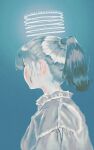  1girl bangs blue_background blurry facing_away film_grain from_side halo highres medium_hair natari original ponytail solo 