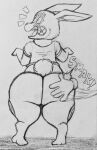  anthro big_butt bottomless butt clothed clothing fauxtellno1 hi_res lagomorph leporid male mammal monochrome open_mouth rabbit scut_tail shocked shocked_expression short_tail solo spanking virtue&#039;s_last_reward wide_hips zero_escape zero_iii 