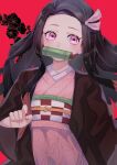  1girl bit_gag black_hair checkered_clothes checkered_obi fingernails forehead gag haori highres japanese_clothes kamado_nezuko kimetsu_no_yaiba kimono long_hair looking_at_viewer obi otoma_safu pink_eyes pink_kimono pink_nails red_background sash sharp_fingernails solo thighhighs upper_body 