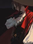  1boy akimitoyty arknights bishounen black_gloves blouse brown_hair cape cowboy_shot faceless gloves hand_on_own_chest hat highres male_focus phantom_(arknights) red_cape shirt short_hair solo vector_art white_shirt 
