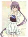  1girl akebono_(kancolle) bell commentary_request cowboy_shot dress flower gakky hair_bell hair_flower hair_ornament jingle_bell kantai_collection long_hair looking_at_viewer official_alternate_costume one-hour_drawing_challenge purple_eyes purple_hair side_ponytail solo twitter_username very_long_hair white_dress 
