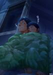  04sora40 2boys absurdres bara barefoot black_hair blanket commentary cuddling highres holding_hands leaning_on_person looking_at_another male_focus multiple_boys night original pajamas quilt sitting sleeping visible_air window yaoi zzz 