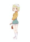  1girl :d absurdres ahoge ass bag bangs blonde_hair blue_shorts blush brown_bag commentary food food_on_head fried_egg full_body glasses highres holding holding_bag long_sleeves object_on_head shimeji_simulation shirt short_hair shorts shorts_rolled_up simple_background smile socks solo standing sun_visor_(mata69) symbol-only_commentary white_background white_legwear yamashita_majime yellow_eyes yellow_shirt 