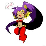  1:1 2019 breasts clothing ear_piercing ear_ring english_text eyes_closed female footwear genie hair hi_res humanoid humanoid_pointy_ears not_furry open_mouth open_smile piercing ponytail purple_hair shantae shantae_(series) signature simple_background smile solo speech_bubble text tina_orz video_games wayforward white_background 