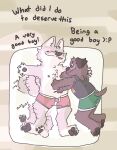  belly_rub blush bottomwear canid canine canis clothed clothing dialogue domestic_dog eyes_closed grapeschitz hi_res humor lgbt_pride male male/male mammal nipples pride_color_clothing pride_colors shirt shorts solo tail_motion tank_top tongue tongue_out topless topwear underwear 