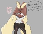  anthro big_breasts blush book breasts clothing dialogue dress_shirt english_text female hand_on_hip hi_res holding_book holding_object huge_breasts legwear lopunny necktie nintendo pantyhose pok&eacute;mon pok&eacute;mon_(species) shirt solo solratic text topwear video_games 