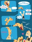  2022 anthro blue_background blue_eyes blush brown_body brown_fur brown_spots clothed clothing comic dialogue digital_media_(artwork) duo english_text felid fur giraffe giraffid hi_res hydrabb kissing mammal shirt simple_background speech_bubble spots spotted_body spotted_fur tan_body tan_fur tank_top text topwear yellow_body yellow_fur 