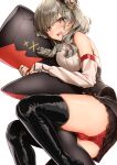  1girl absurdres azur_lane bangs black_footwear blush boots braid breasts brown_skirt classic_(zildjian33) drill_locks eyebrows_visible_through_hair feet_out_of_frame grey_eyes grey_hair highres knee_boots long_hair long_sleeves looking_at_viewer lutzow_(azur_lane) lying medium_breasts object_hug on_side open_mouth panties pillow pillow_hug red_panties rubber_boots shirt side_bun sideboob skirt solo tears teeth underwear upper_teeth white_background white_shirt 