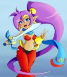  2017 5_fingers absurd_res blue_eyes breasts brown_body brown_skin clothing crossover ear_piercing ear_ring female fingers genie gesture hair hi_res holding_object holding_sword holding_weapon humanoid humanoid_pointy_ears master_sword melee_weapon nakashimadigital nintendo not_furry open_mouth open_smile piercing ponytail purple_hair scarf shantae shantae_(series) simple_background smile solo sword the_legend_of_zelda triforce v_sign video_games wayforward weapon 