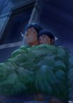  04sora40 2boys absurdres bara barefoot black_hair blanket commentary cuddling highres holding_hands leaning_on_person male_focus multiple_boys night original pajamas quilt sitting stargazing visible_air window yaoi 