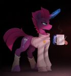  2022 absurd_res beverage black_background blue_eyes broken_horn clothed clothed_feral clothing container cup cutie_mark equid equine female feral friendship_is_magic gastropod gradient_background hasbro hi_res horn horse leggings legwear lidded_eyes magic mammal mollusk my_little_pony my_little_pony:_the_movie_(2017) simple_background slippers snail solo sweater telekinesis tempest_shadow_(mlp) topwear unicorn yakovlev-vad 