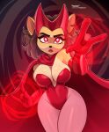  2022 4_fingers abstract_background activision alyssa_bandicoot_(oc) anthro armwear artist_name bandicoot beauty_mark big_breasts black_nose breasts brown_hair cape cleavage clothed clothing cosplay crash_bandicoot_(series) elbow_gloves fan_character female fingers frown gloves hair handwear hi_res legwear leotard magaska19 mammal marsupial notched_ear pantyhose red_eyes scarlet_witch short_hair solo text url video_games 