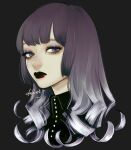  1girl bangs black_shirt blue_eyes blunt_bangs buttons collared_shirt expressionless eyeshadow gothic gradient_hair grey_background lipstick long_hair looking_to_the_side makeup multicolored_hair original purple_hair red_lips ringlets shirt sidelocks signature solo takenaka web_address white_hair 