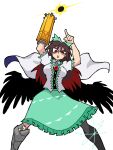  1girl @_@ arm_cannon asymmetrical_legwear bangs bow brown_hair cape center_frills eddybird55555 frills green_bow green_skirt hair_bow helltaker highres index_finger_raised long_hair looking_at_viewer mismatched_legwear open_mouth pointing pointing_up red_eyes reiuji_utsuho shirt short_sleeves simple_background skirt solo third_eye touhou vanripper_(style) weapon white_background white_cape white_shirt 