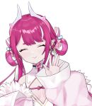  1girl bangs chinese_clothes cleavage_cutout closed_eyes clothing_cutout dragon_girl dragon_horns fur_trim highres horns indie_virtual_youtuber jacket long_hair low_twintails natsuiro_xx pink_jacket pinky_(vtuber) sleeves_past_wrists thick_eyebrows twintails upper_body virtual_youtuber white_background 