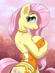  3:4 anthro arm_over_breasts blush breast_squish breasts choker clothing corset cutie_mark equid equine female fluttershy_(mlp) friendship_is_magic garter_belt garter_straps hasbro hi_res jewelry joakaha lingerie mammal my_little_pony necklace no_wings pegasus solo squish topwear wings 