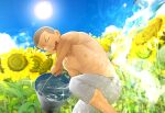  1boy bucket bucket_of_water commentary connie_springer day field flower itto_(mentaiko) looking_at_viewer male_focus muscular muscular_male one_eye_closed pants shaved_head shingeki_no_kyojin smile summer sun sunflower sweatpants topless_male yellow_eyes 