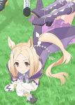  1girl 1other animal_ears asymmetrical_gloves bare_shoulders black_gloves blonde_hair boots closed_mouth detached_sleeves dress gloves grass high_heel_boots high_heels horse_ears horse_girl horse_tail looking_at_viewer lying mismatched_gloves narita_top_road_(umamusume) off-shoulder_dress off_shoulder on_stomach orange_eyes out_of_frame purple_dress purple_legwear shadow smile solo_focus tail umamusume white_gloves yokkest 