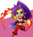  2021 5_fingers blue_eyes breasts clothing ear_piercing ear_ring female fingers fire genie hair humanoid humanoid_pointy_ears not_furry open_mouth open_smile piercing ponytail purple_hair shantae shantae_(series) signature simple_background smile solo tina_orz video_games wayforward 