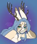  2022 anthro antlers blue_hair breasts digital_media_(artwork) eyebrows eyelashes female hair hi_res horn jackalope kittydee lagomorph mammal solo 