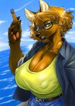  2022 anthro belt big_breasts breasts brown_body brown_fur canid canine cigarette claws cleavage clothed clothing digital_media_(artwork) eyewear finger_claws fully_clothed fur glasses green_eyes kuro-gane mammal nipple_outline orange_body orange_fur sea smile solo water 