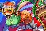  1girl arms_(game) ass beanie blonde_hair bob_cut breasts domino_mask dragon_(arms) dutch_angle green_eyes hat highres knit_hat large_breasts legwear_under_shorts mask megawatt_(arms) min_min_(arms) orange_shorts perspective short_hair shorts solo takayama_toshinori 