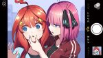  2girls @_@ ahoge bangs black_shirt blue_eyes blue_nails blunt_bangs blurry blurry_background breasts butterfly_hair_ornament collared_jacket commentary eyebrows_visible_through_hair food food_on_face go-toubun_no_hanayome hair_ornament jacket kooeiatd111020 lower_teeth multiple_girls nail_polish nakano_itsuki nakano_nino open_clothes open_jacket open_mouth pink_hair raised_eyebrows red_hair red_jacket shaded_face shiny shiny_hair shirt siblings sisters star_(symbol) star_hair_ornament striped striped_jacket sweat teeth track_jacket upper_body vertical-striped_jacket vertical_stripes 