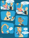  2022 anthro blue_background blue_eyes brown_body brown_fur brown_spots clothed clothing comic dialogue digital_media_(artwork) duo english_text felid fur giraffe giraffid hi_res hydrabb mammal shirt simple_background speech_bubble spots spotted_body spotted_fur tan_body tan_fur tank_top text topwear yellow_body yellow_fur 