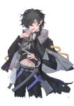  1boy arknights arrow_(symbol) bishounen black_hair black_shirt blood blood_on_hands corroserum_(arknights) cowboy_shot ear_piercing finger_to_mouth hair_over_one_eye highres jacket male_focus midriff one_eye_covered piercing pointy_ears qin_yang shirt short_hair simple_background snake_boy solo white_background yellow_eyes 
