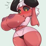  1:1 absurd_res big_breasts black_sclera blush bodily_fluids breasts clothing female hi_res horn horned_humanoid huge_breasts humanoid mossyartburger nipples panties red_body simple_background solo sweat thick_thighs underwear white_background 