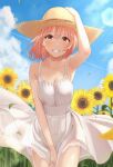  1girl armpits between_legs blush breasts character_request clear_sky cleavage cloud collarbone copyright_request cowboy_shot dress eyebrows_visible_through_hair flower hand_between_legs hand_on_own_head hat highres looking_at_viewer outdoors pink_eyes pink_hair shukurin sky smile straw_hat sundress sunflower teeth 
