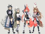  4girls :d animal_ears arknights armor armored_boots ashlock_(arknights) black_footwear black_skirt blue_skirt boots brown_cape brown_eyes cape ear_covers ear_tag ears_through_headwear eyebrows_visible_through_hair fartooth_(arknights) feather_hair flametail_(arknights) full_body gauntlets grey_background grey_hair hair_between_eyes harami_(hara_333) horse_girl horse_tail long_hair looking_at_viewer multiple_girls open_mouth oripathy_lesion_(arknights) own_hands_together red_eyes red_hair shirt short_hair simple_background skirt smile squirrel_ears squirrel_tail tail teeth thigh_strap upper_teeth v-shaped_eyebrows visor_(armor) visor_lift w white_shirt wild_mane_(arknights) yellow_eyes 