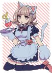  1girl :o alternate_costume animal_ear_headwear animal_ears animal_hands apron bangs black_dress black_legwear blunt_bangs border bow bowtie breasts cat_ear_hairband commentary danganronpa_(series) danganronpa_2:_goodbye_despair dress drink enmaided esu_(tasoesu) fake_animal_ears fake_tail flipped_hair frilled_apron frills full_body galaga gloves hairband highres holding holding_tray light_brown_hair maid medium_breasts name_tag nanami_chiaki open_mouth paw_gloves pink_bow pink_bowtie pink_eyes pink_footwear red_background short_hair short_sleeves simple_background solo spaceship_hair_ornament striped striped_background symbol-only_commentary tail teeth thighhighs translated tray upper_teeth white_apron white_background white_gloves white_hairband 