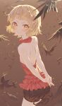  1girl absurdres arms_behind_back backless_outfit bangs bird blonde_hair bloomers blunt_bangs blush closed_mouth cowboy_shot crow flat_chest highres kizumonogatari leaning_forward looking_at_viewer looking_back monogatari_(series) oshino_shinobu red_skirt short_hair shoulder_blades skirt smile solo underwear yellow_background yellow_eyes yozora_(1wkdgusdn) 