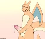  2022 anthro balls biped bodily_fluids charizard dabelette dripping erection foreskin front_view genital_fluids genitals glans hand_on_own_penis hi_res humanoid_genitalia humanoid_penis male multicolored_body nintendo nude open_mouth orange_background orange_body penis pok&eacute;mon pok&eacute;mon_(species) precum precum_drip red_eyes simple_background solo standing tan_body two_tone_body video_games 