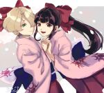  2girls black_hair blue_bow bow brown_eyes cosplay flat_chest hair_bow hair_over_one_eye highres holding_hands janome_(batako) japanese_clothes kimono long_hair looking_at_viewer maria_tachibana multiple_girls one_eye_covered pink_kimono ponytail red_bow red_skirt sakura_taisen shinguuji_sakura shinguuji_sakura_(cosplay) short_hair skirt smile 