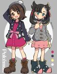  2girls :d ankle_boots asymmetrical_bangs bangs black_choker black_footwear black_hair black_jacket black_nails blush_stickers boots brown_footwear brown_hair buttons cable_knit cardigan choker closed_mouth collarbone collared_dress color_guide copyright_name cosplay costume_switch dress earrings gloria_(pokemon) green_eyes grey_cardigan hair_ribbon hand_up hat highres hooded_cardigan jacket jewelry kokashiho long_hair marnie_(pokemon) multiple_girls nail_polish open_clothes open_jacket open_mouth pink_dress plaid plaid_legwear pokemon pokemon_(game) pokemon_swsh red_ribbon ribbon short_hair smile socks standing symbol-only_commentary tam_o&#039;_shanter 