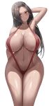  1girl absurdres arm_up armpits black_eyes black_hair blush boku_no_hero_academia breasts cleavage closed_mouth collarbone cowboy_shot highres jasony large_breasts long_hair looking_at_viewer navel one-piece_swimsuit red_swimsuit simple_background smile solo swimsuit thighs wet white_background yaoyorozu_momo 