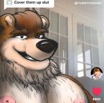  anthro big_pecs chubby_male cookboss88 cover_them_up_slut digital_media_(artwork) female fluffy fur hair looking_at_viewer male mammal meme nipples pecs smile solo text thirstydraws tiktok ursid youtube youtuber 