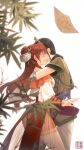  1boy 1girl absurdres arm_around_back drawing hair_bun hair_ornament highres hug kaien_cainsasa leaf long_hair paper surprised tang_xuejian_(xian_jian_qi_xia_zhuan_3) upper_body white_background xian_jian_qi_xia_zhuan xian_jian_qi_xia_zhuan_3 