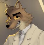  2022 anthro brown_body brown_fur canid canine canis cheek_tuft clothed clothing colored confident digital_media_(artwork) dreamworks facial_tuft fur grayish head_tuft headshot_portrait jacket line_art looking_at_viewer male mammal mr._wolf_(the_bad_guys) portrait shaded shirt signature simple_background smile solo suit the_bad_guys topwear tuft white_body white_clothing white_fur white_jacket white_shirt white_topwear wolf yellow_sclera 