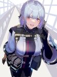  1girl 3_small_spiders absurdres ammunition_belt bangs black_bodysuit black_shorts blush bodysuit breasts commentary defy_(girls&#039;_frontline) eyebrows_visible_through_hair feet_out_of_frame girls&#039;_frontline hair_ornament hairclip harness highres index_finger_raised large_breasts leaning_forward looking_at_viewer open_mouth purple_eyes rpk-16_(girls&#039;_frontline) short_hair shorts simple_background smile solo standing tactical_clothes teeth upper_teeth wide_sleeves 