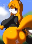  anthro big_butt blue_eyes bottomless butt clothed clothing conker conker&#039;s_bad_fur_day cookware female frying_pan fur hoodie kitchen_utensils looking_back mammal no_underwear orange_body orange_fur rareware rodent sciurid short_stack solo tools topwear video_games zaviel 